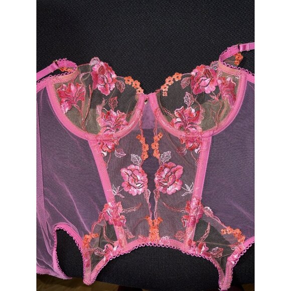 Honey Birdette Pink Bustier Size 32C Floral One Piece Lingerie Mesh X
